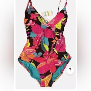Trina Turk Floral MultiColor Maillot One Piece Plunge Swimsuit Size-14 NWT